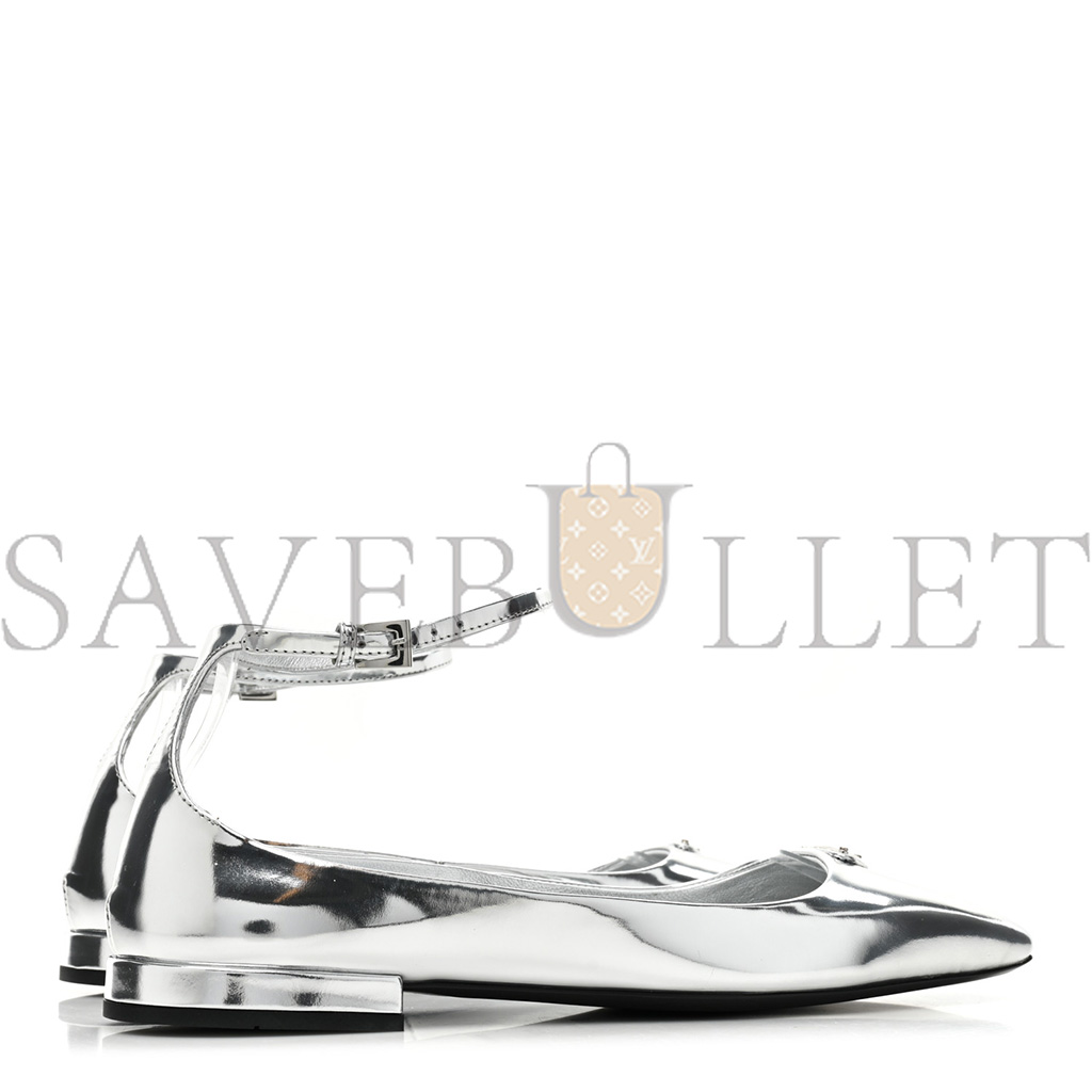 Pra*a metallic calfskin metal triangle logo ankle strap ballerinas 36.5 silver