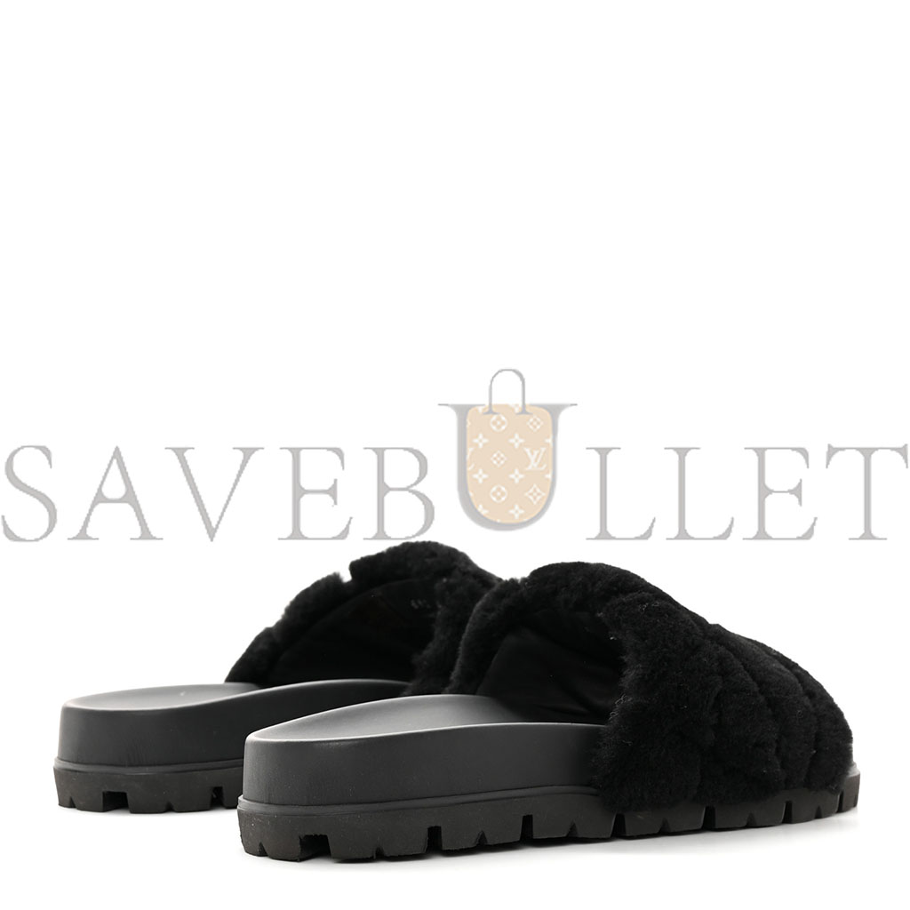 Pra*a shearling metal triangle logo lug sole 20mm slide sandals 41 black