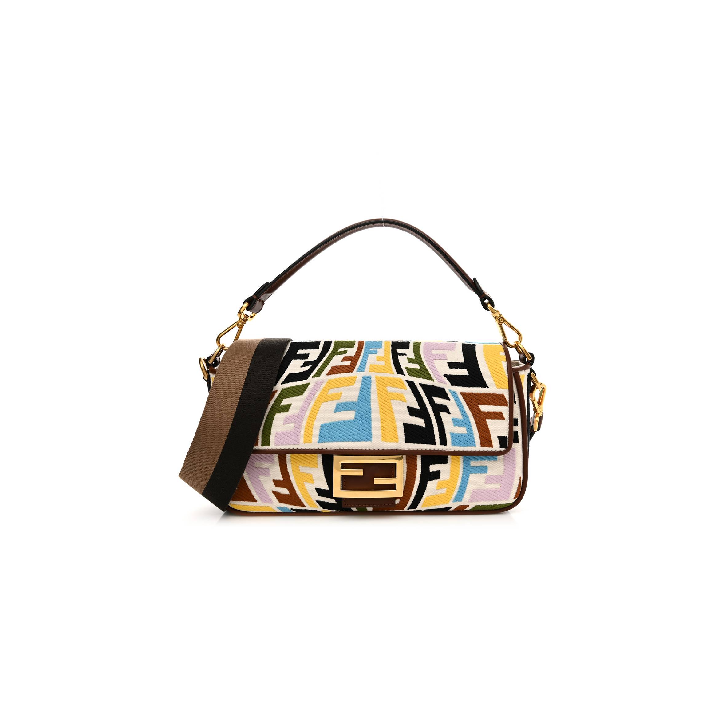 F**di x sara coleman canvas vitello king seta ff fish eye embroidered baguette grezzo multicolor ghianda (28*15*6cm)