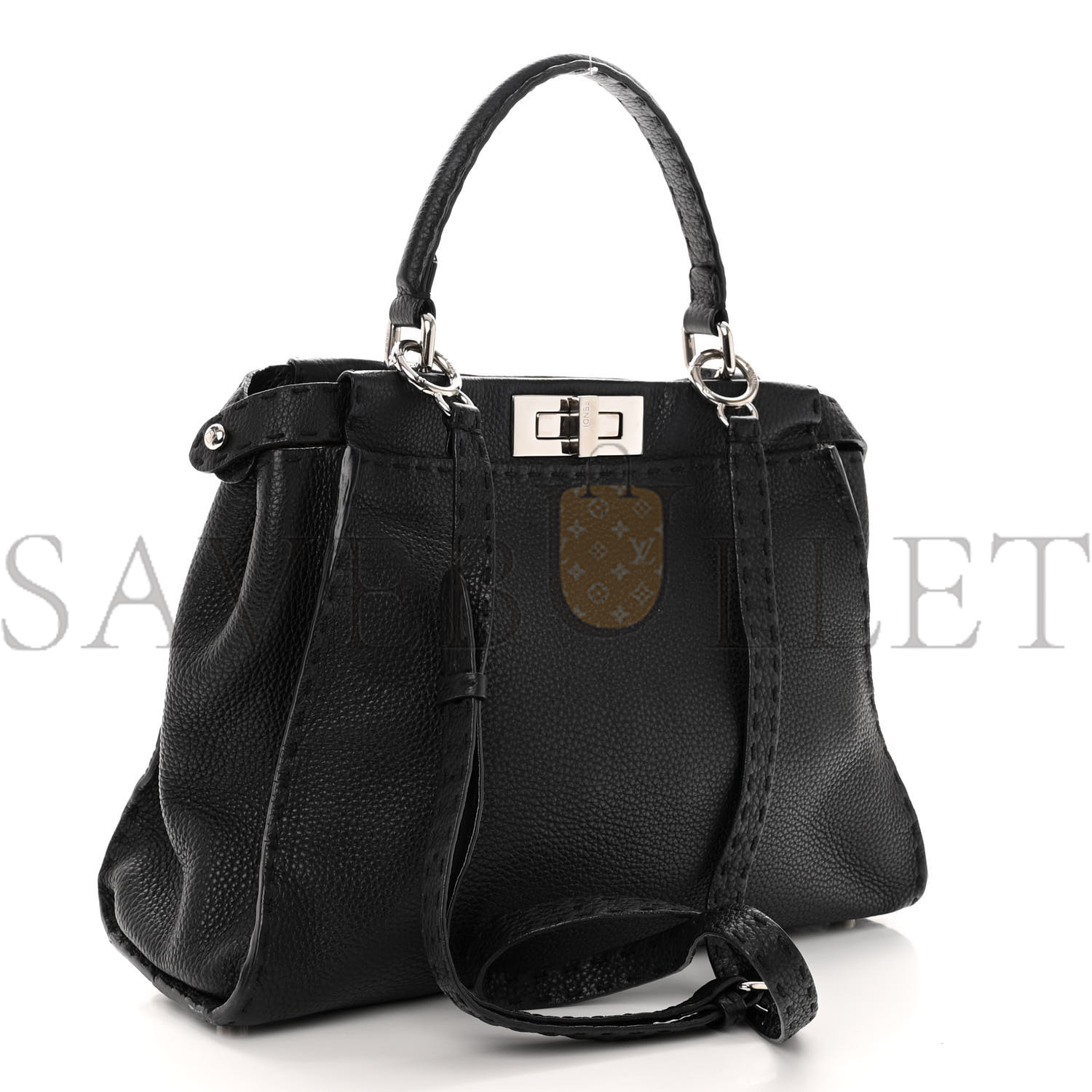 F**di cuoio romano selleria bi-color mini peekaboo iconic satchel black mou (34*22*12cm)