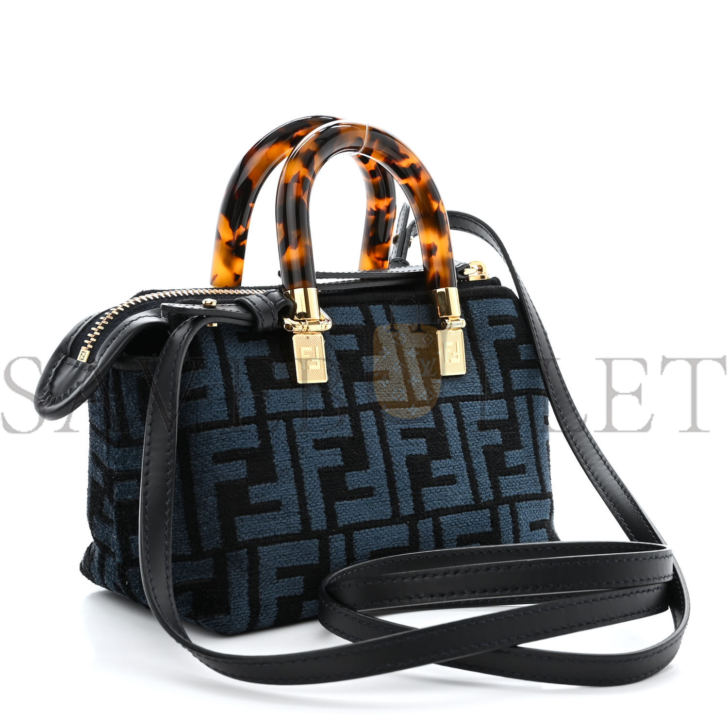 F**di chenille vitello king plexiglass ff mini by the way top handle boston bag blue black (17*11*8cm)