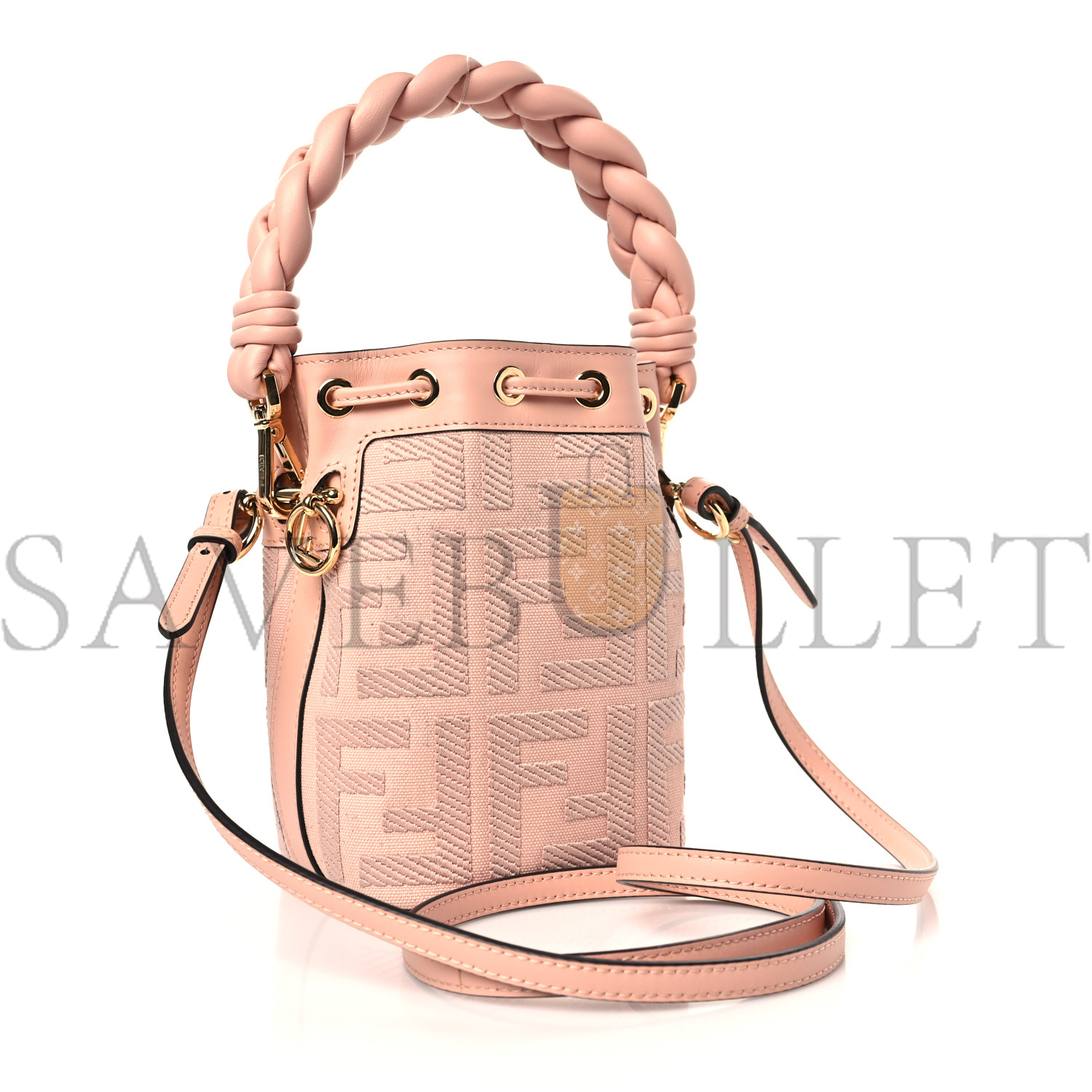 F**di canvas nappa f is F**di ff embroidered mini mon tresor bucket bag baby pink (18*12*10cm)