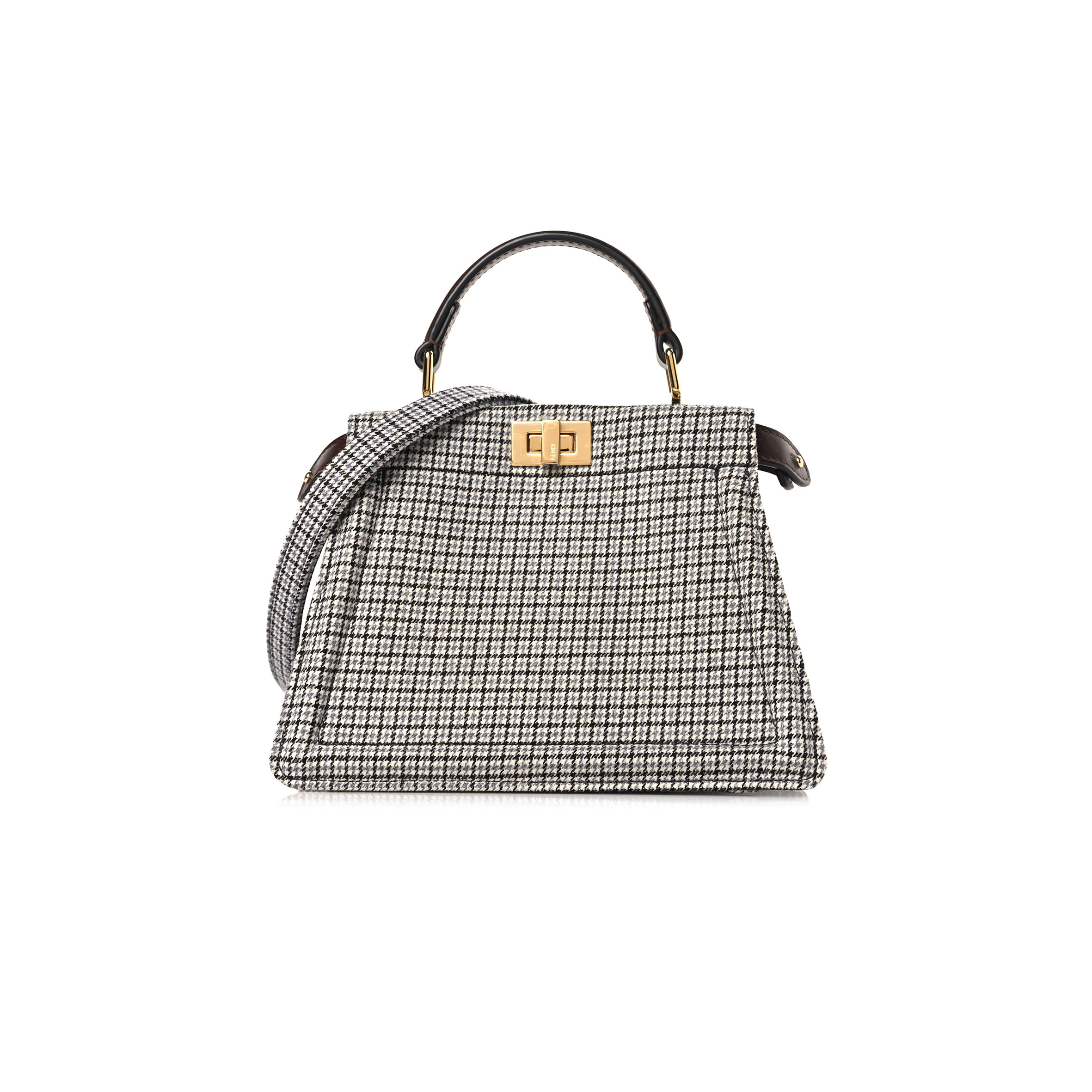 F**di wool fabric jacquard cuoio small houndstooth ff 1974 petite peekaboo i see u satchel grigio anthracite (20*15*11cm)