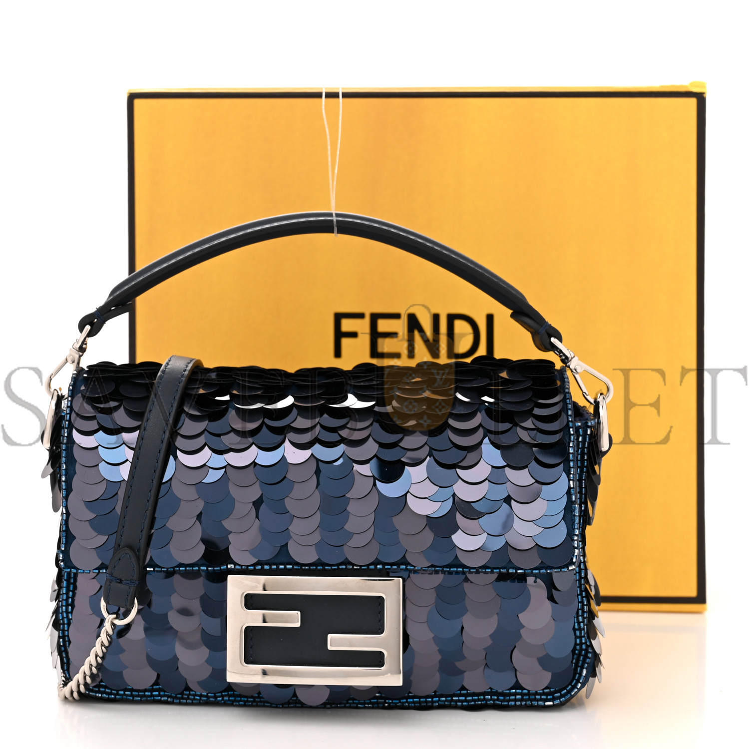 F**di sequin paillettes shiny nappa pequin mini baguette dark blue lunai (18*13*5cm)