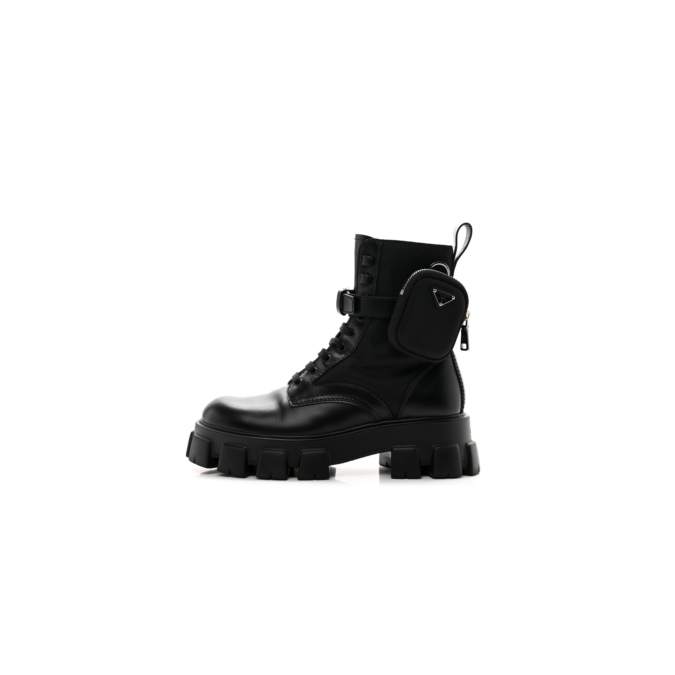 Pra*a spazzolato rois re-nylon metal triangle logo mens monolith pouch pocket 60mm combat boots 7.5 black