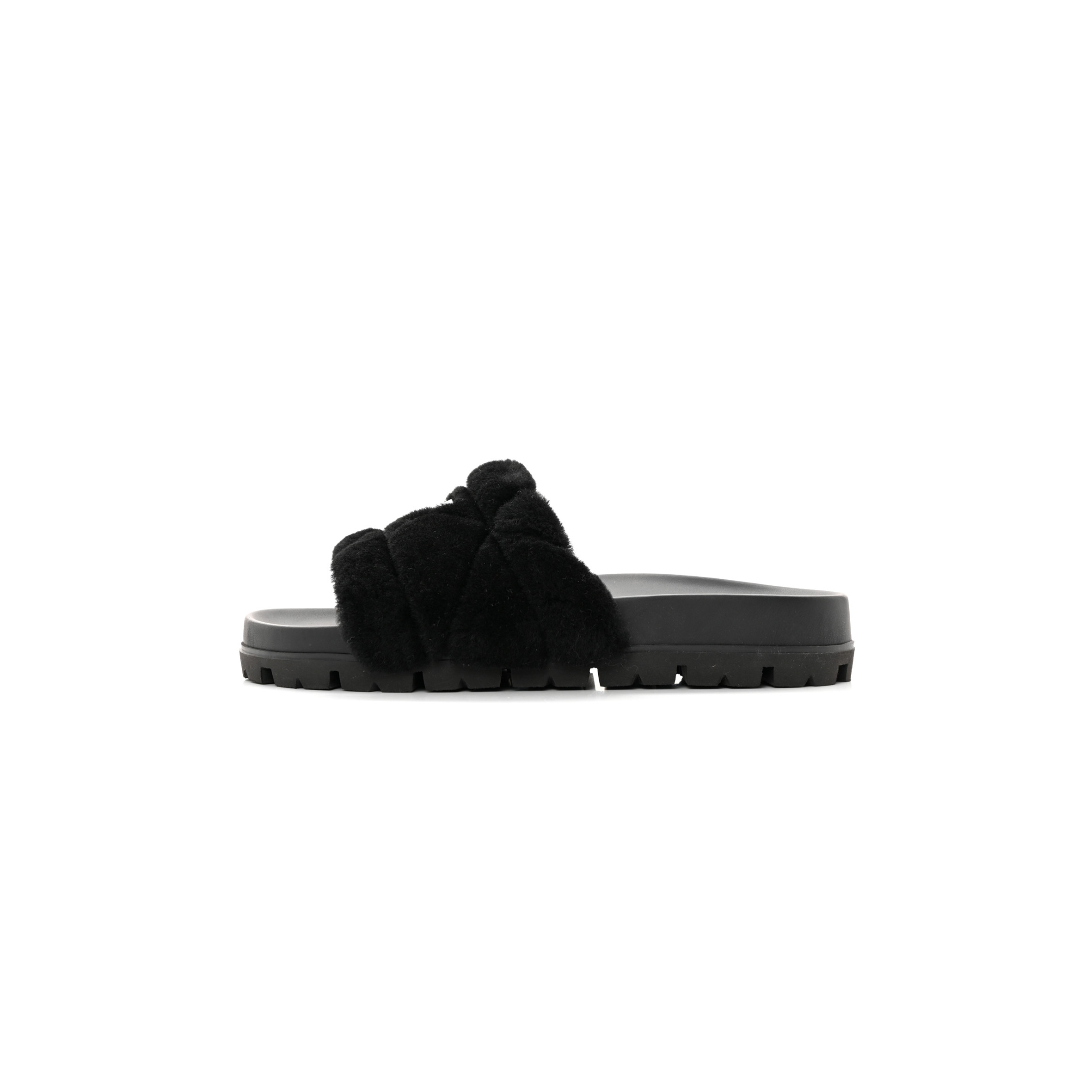 Pra*a shearling metal triangle logo lug sole 20mm slide sandals 41 black